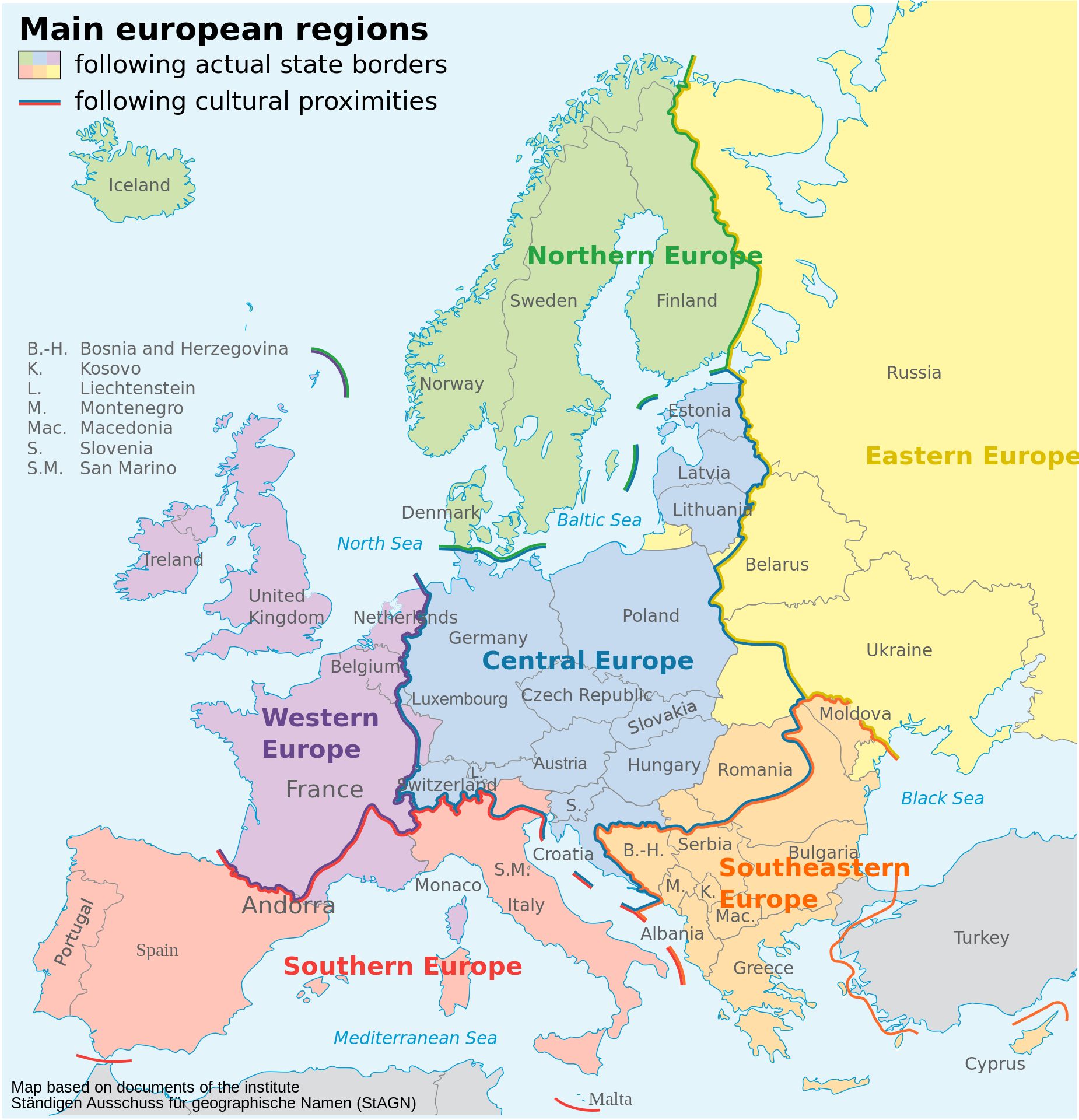 Le suddivisioni dell'Europa. Immagine da Wikimedia su licenza Creative common.